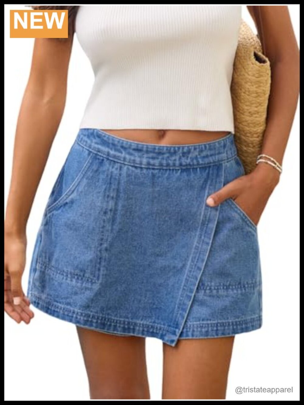 High Waist Jean Wrap Skort with Pockets